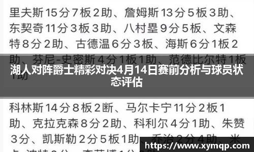 湖人对阵爵士精彩对决4月14日赛前分析与球员状态评估